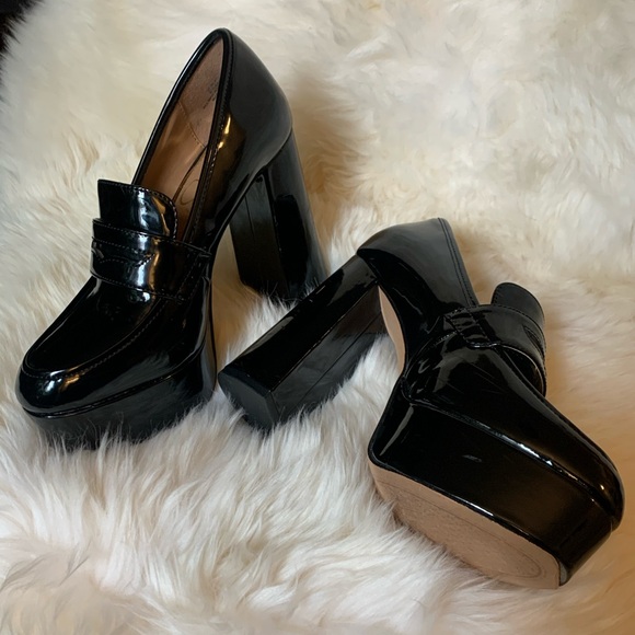 Jessica Simpson Shoes - Jessica Simpson Patent Black Platform Chunky High Heel Penny Loafers Size 6.5